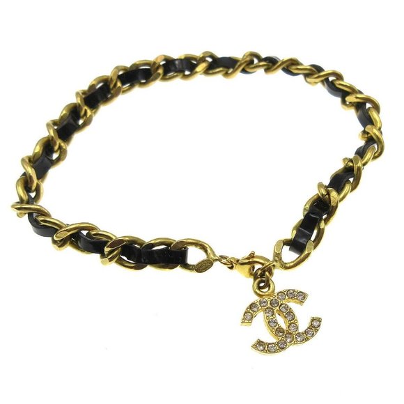 Auth Chanel CC Charm Rhinestone Ankle Bracelet 95P Gold-plated Patent Leather - Picture 1 of 6